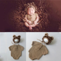 Infant Photography Outfit Hat &amp; Jumpsuits Set Photo Studio Props Universal Baby Lion Costume Knitted Clothes Shower Dropship