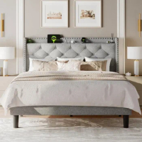 Queen Bed Frame with Wingback Upholstered Button Tufted Headboard, Sturdy Wood Support with Charging Station, Bed Frame