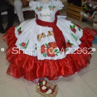 White Red Mexican Flower Girls Dresses Ruffles Stain Embroidery Bow Mini Quinceanera Dress Escaramuza and charra