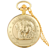 Cute Pet Dog Pocket Watch Ladies Royal Golden Quartz Pocket Clock Classic Arabic Numeral Dial Men's Alloy Necklace Pendant Gifts