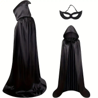 2 Piece Set: Cloak + Eye Mask, Satin Fabric Death Cloak, Wizard Demon Robe and Face Cover, Medieval 