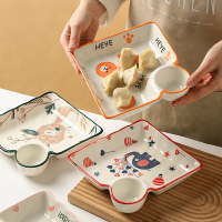 墨色日式陶瓷餃子盤帶醋碟盤子菜盤家用ins 風分格餐盤水餃專用盤