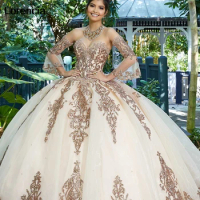 Lorencia Rose Gold Quinceanera Dress Detachable Sleeve Lace Applique Beading Mexican Sweet 16 Dress Vestidos De 15 Años YQD802