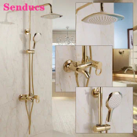 Gold Bathroom Shower Set Senducs Round Rainfall Hand Shower Head Copper Bathtub Mixer Faucets Hot Cold Bath Shower System