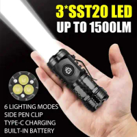 Super Bright 3*SST20 LED Flashlight USB Rechargeable Portable Torch Light Waterproof with Magnet for Hiking Camping Outdoors