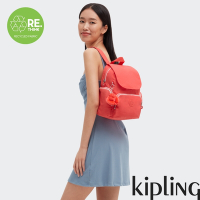 Kipling (網路獨家款) 活力珊瑚橘掀蓋拉鍊後背包-CITY ZIP MINI