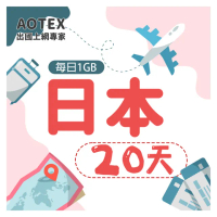 【AOTEX】20天日本上網卡每日1GB高速4G網速(手機SIM卡網路卡預付卡無限流量)