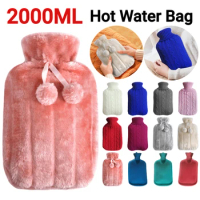 2000ml Large Hot Water Bag with Cover for Grils Winter Plush Hand &amp; Feet Warmer Explosion-Proof Water Bottle Cover for Hot Water