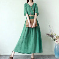JC Collection 民族風優雅收腰修型透氣棉麻短袖連身A字長裙(綠、粉色)