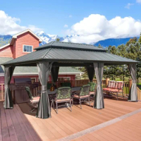12’ X 20’ Hardtop Gazebo Canopy with Netting &amp;Curtains, Outdoor Aluminum Gazebo with Galvanized Steel Double Roof for Patio Lawn