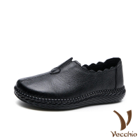 【Vecchio】真皮頭層牛皮花邊鞋口舒適軟底手工縫線復古樂福鞋(黑)