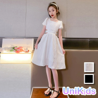 【UniKids】中大童裝短袖洋裝 露腰小心機連身裙 女大童裝 CVML0111(黑 白)