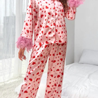 Satin Pajamas for Women Long Sleeve Lapel Neck PJ s Button Down Sleepwear Feather Pajama Set