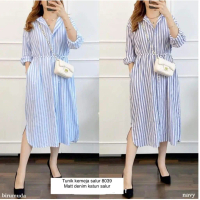 ◤Best Seller◢ Sjm Tunik Kemeja Salur Garis Garis Denim Katun Salur Import Tali Ikat Pinggang 8039 - 