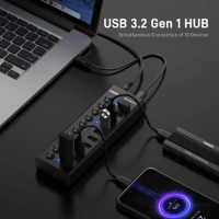 Fideco Powered 10-Port USB Hub USB 3.2 Gen1 Data Hub with Independent On/Off Switch HKG010C