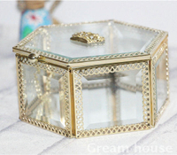 金色復古皇冠玻璃長方正方形六邊形玻璃首飾盒珠寶盒收納盒禮品