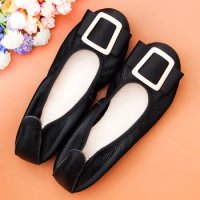 Genuine Leather Slip On Ballet Boat Shoes Woman Plus Size 34-44 Women Flats Round Toe Metal Buckle Decoration Lady Shoes Loafers
