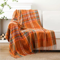 Battilo Orange Throw Blanket Buffalo Plaid Blanket for Sofa Super Soft Faux Cashmere Blankets with Tassel Fall Decor Throws