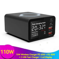 110W USB C Charging Station Fast Wireless Charger PD 65W Quick Charge LCD Display Carregador For IPhone 15 Xiaomi Samsung Laptop