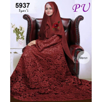 7115 gamis syari maroon satin velvet brukat khimar busui sleting depan