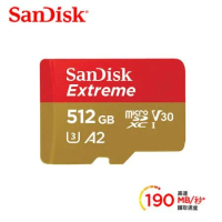 SanDisk Extreme 512G microSDXC UHS-I(V30)(A2)記憶卡(讀取達190MB)