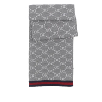 【Gucci 】GG Logo 藍紅飾邊雙色羊毛圍巾(灰色/白色)