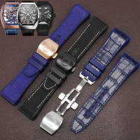 28mm High Quality Nylon Genuine Leather Silicone Watchband Black Blue Folding Buckle Watch Strap For Franck Muller V45 Series
