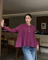 GONEGANI OFFICIAL - Knit Pullover Wanita Preppy Style & Old Money Aesthetic Polo Crop Sweater Magent