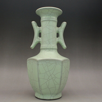 宋官窯粉青釉六方雙耳花瓶 裂紋釉 古玩瓷器古董陶仿古陶瓷收藏品
