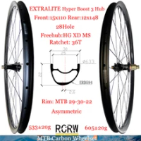 29er MTB XC Wheelset 30mm Wide Carbon Rim 22mm Deep 28Hole Extralite Hyper Boost 3 Type 6 Blot Hub Shima HG XD MS Super Light