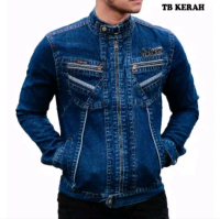 Jaket Jeans Sletting Pria Jaket Zipper Panjang Motif Biru Navy Hitam Distro Denim Cowok Casual Muda