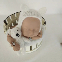 Teddy bear and hat set small handknit newborn new baby softie stuffie soft toy photo prop and bonnet