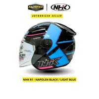 HELM NHK R1 MOTIF NAPOLEON BLACK LIGHT BLUE DOUBLE VISOR HALF FACE BIRU M