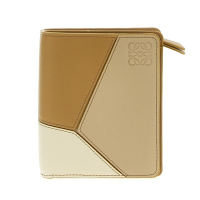 LOEWE 羅威 Puzzle Compact Zip 小牛皮 拉鍊 卡夾 零錢包 皮夾 短夾 安哥拉兔毛白色 灰褐色 金色