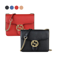 【GUCCI 古馳】GUCCI雙G金屬大LOGO牛皮鏈帶雙夾層扣式斜背包(迷你/多色)