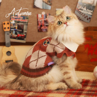 Cat Clothes Autumn Winter Anti-Shedding Cat Ragdoll Pet Kitten Diamond Pattern College Style Sweater