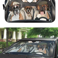 Boxer Dog Family Driving Through City Car Sunshade for Boxer Lover, Funny Boxer Family Driving Auto Sun Shade, Boxer Windshield