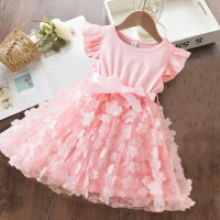 Cute Baby Girls Clothes 1-5Yrs Baby Dress Summer 3D Flower Mesh Ruffles Sleeves Dress Toddler Birthday Party Princess Tutu Dress