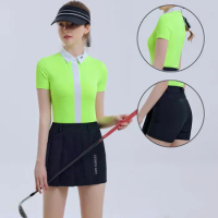 DK Women High-Waist Golf Skirts Shorts Pleated Pocket Skort Ladies Slim Patchwork Tops Short Sleeve Golf Polo T-shirt Sportswear