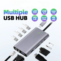 Multiple USB Hub 3.0 Port Type C Adaptor for Macbook Laptop PD Charger Audio VGA RJ45