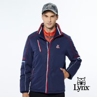 【Lynx Golf】男款保暖防風鋪棉兩袖配色拉線設計胸袋款長袖立領外套-深藍色