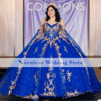 Royal Blue Vestidos De 15 Años Quinceanera Dress With cape 2023 Sequin Appliques Mexican Girls Birthday Party Dress