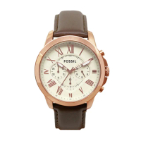 【FOSSIL】棕皮革錶帶玫瑰金三眼計時手錶 男錶 情人節(FS4991)