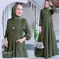 Baju Gamis Meika Dress Wanita Rempel Muslimah Cinkle Hijau Army L