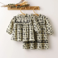 College Style Girls' Dress Children's Shirt Vintage Floral Baby Girl Party Dress Long Sleeve Girls' 