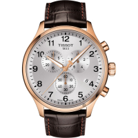 TISSOT 天梭 官方授權 韻馳系列 Chrono XL計時手錶 送禮首選-銀x玫塊金框x咖啡錶帶/45mm T1166173603700
