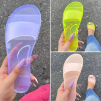 2023 summer women new plus size bottom beach shoes ladies one-word sandals casual transparent jelly color flat slipper