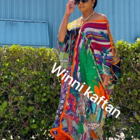 Newest Printed 2021 Winnie Fashionable V-Neck Floral Silk Abaya Maxi Dresses Traditional Kuwait Summer Kaftan BouBou For Lady