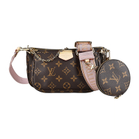 LV M44840 老花LOGO Monogram帆布寬版背帶設計拉鍊手提/斜背麻將包(咖啡x粉)