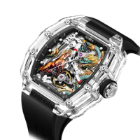 Haofa Transparent 3D Dragon Horse Mechanical Watch for Men Automatic Hollow Wristwatch Crystal Luminous Waterproof Watch 2323